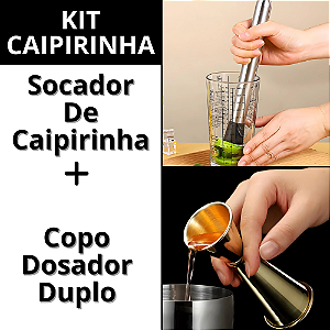 Kit Socador Caipirinha Inox Amassador Frutas Dosador Duplo Medidor Para Drinks Coquetel Bebidas Bar