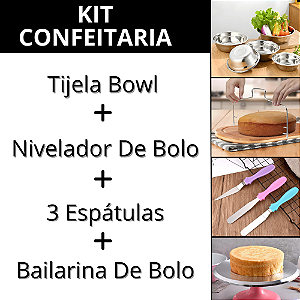 Kit Confeiteiro Espátulas Inox Cortador de Bolo Bowl Inox Bailarina Giratória 30cm Para Confeitaria
