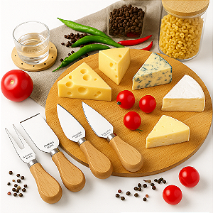 Kit Petisqueira Para Queijo e frios 4 Peças Com Tábua Giratória Grande