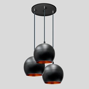 Pendente Aluminio Bola Tripla Preto C/ Cobre E-27