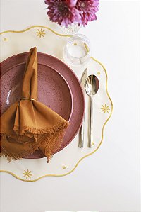 Jogo Americano Impermeável Flores Off White - Borda Amarela