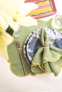 Guardanapo de Mesa Linho Verde - Bordado Amarelo