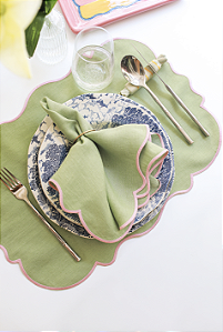 Guardanapo de Mesa Linho Verde - Bordado Rosa