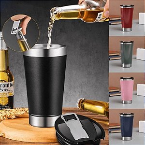 Copo Térmico 473ml Para Cerveja Com Tampa E Abridor Inox Parede Dupla