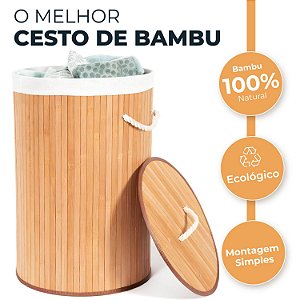 Cesto de Roupa Suja 60 LITROS Lavanderia Bambu c/ Tampa Redondo Forrado Quarto Banheiro Dobrável