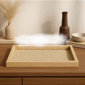 Bandeja decorativa vidro + trançado bege 12x28