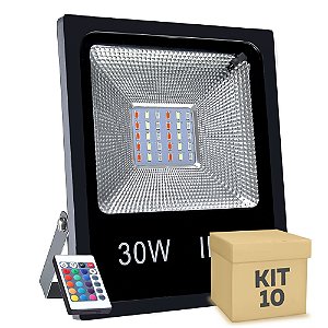 Kit 10 Refletor Holofote MicroLED SMD 30w RGB Colorido com Controle
