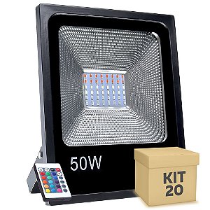 Kit 20 Refletor Holofote MicroLED SMD 50W RGB Colorido com Controle