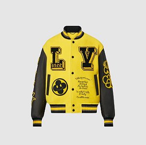 LOUIS VUITTON - Jaqueta Varsity Leather Embroidered "Preto/Amarelo" -NOVO-