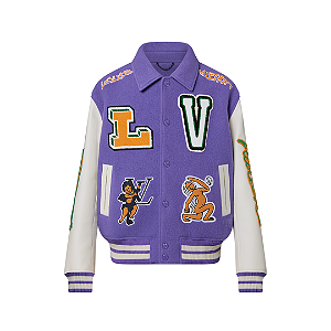 LOUIS VUITTON - Jaqueta Blouson Varsity Multi-Patches Leather "Lilás/Branco" -NOVO-