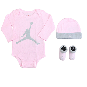 JORDAN - Kit Baby Body + Meia + Touca "Rosa/Cinza" -NOVO-