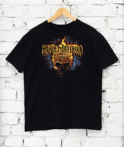 HARLEY DAVIDSON - Camiseta Flaming Skull Motorcycle Double Sided "Preto" -VINTAGE-