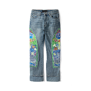 WHO DECIDES WAR  - Calça Jeans Cowboy Embroidered "Indigo" -NOVO-