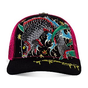 ED HARDY - Boné Trucker Embroidered Koi FIsh "Preto/Rosa" -NOVO-