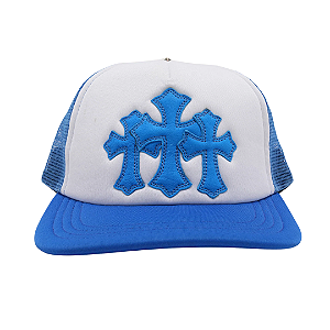 CHROME HEARTS - Boné Cemetery Cross Patch Trucker "Azul/Branco" -NOVO-