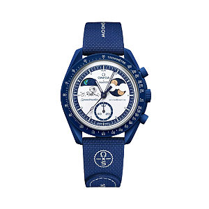 SWATCH x OMEGA - Relógio Bioceramic Mission to Earthphase Moonshine Snoopy Gold (Corn Moon) "Azul Escuro" -NOVO-