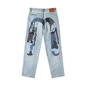 EVISU - Calça Daicock Sashiko Patchwork Jeans "Indigo" -NOVO-