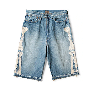 KAPITAL - Bermuda 14oz Denim 5-Pocket Bone Embroidery "Light Indigo" -NOVO-