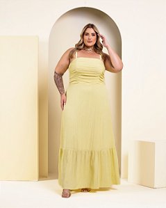 Vestido Midi Drapeado Amarelo Requinte Quality Moda Plus Size Divas Sale Loja