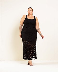 Conjunto Top e Saia Midi Renda Premium Preto Requinte Quality Moda Plus Size Divas Sale Loja
