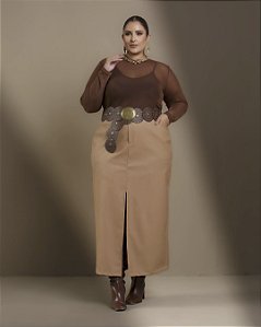 Saia Midi Couro Eco Caramelo Eternity Quality Moda Plus Size Divas 9221 loja sale