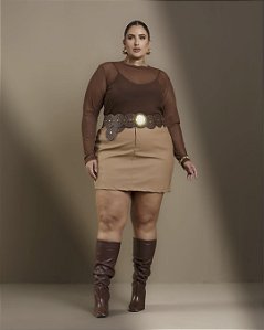 Saia Curta Couro Eco Caramelo Eternity Quality Moda Plus Size Divas 9222 loja ultima sale