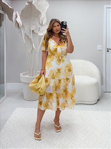 Vestido Midi Floral Amarelo Florata Quality Moda Plus Size Milanjus Primavera