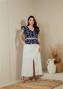 Saia Midi Fenda Linho Off Quality Moda Plus Size Miareli Primavera