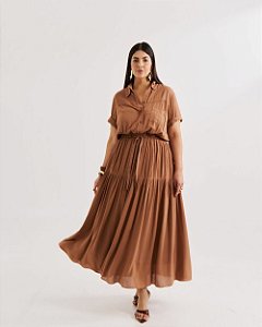 Vestido Midi Marrom Quality Moda Plus Size Quebela Primavera