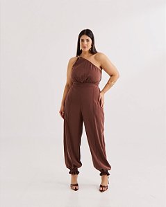 Macacão Estrela Marrom Quality Moda Plus Size Quebela Primavera