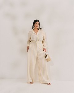 Conjunto Camisa e Pantalona Listra Amarelo Quality Moda Plus Size Quebela Primavera