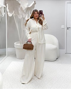 Conjunto Camisa e Pantalona Listra Amarelo Quality Moda Plus Size Quebela Primavera