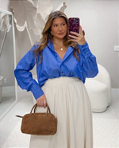 Camisa Listrada Azul Quality Moda Plus Size Quebela Primavera