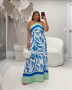 Vestido Salina Azul Floral Quality Moda Plus Size Duas Primavera