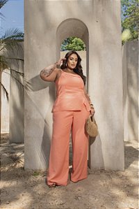 Conjunto Blusa Ombro Único e Calça Laranja Quality Moda Plus Size Divas Primavera