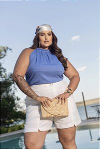 Blusa Gola Plissada Azul Quality Moda Plus Size Milanjus Primavera loja