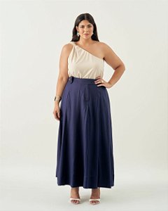 Saia Midi Marinho Quality Moda Plus Size Quebela Primavera