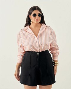 Camisa Listrada Rosa Quality Moda Plus Size Quebela Primavera