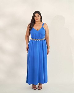 Vestido Fenda Azul Quality Moda Plus Size Quebela Primavera