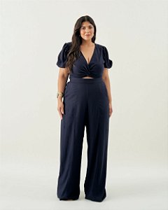 Conjunto Cropped Nó e Pantalona Marinho Quality Moda Plus Size Quebela Primavera