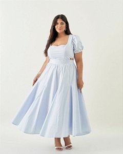 Vestido Midi Meia Manga Azul Quality Moda Plus Size Quebela Primavera