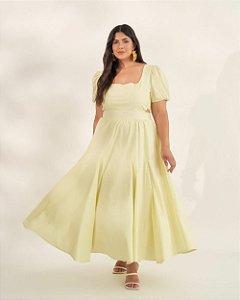 Vestido Midi Meia Manga Amarelo Quality Moda Plus Size Quebela Primavera