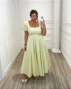 Vestido Midi Meia Manga Amarelo Quality Moda Plus Size Quebela Primavera