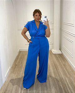 Macacão Alfaiataria Azul Quality Moda Plus Size Quebela Primavera