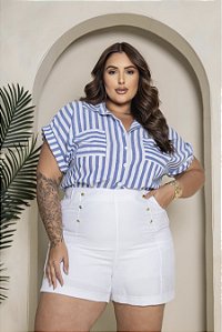 Camisa Manga Curta Listrada Azul Quality Moda Plus Size Milanjus Verão