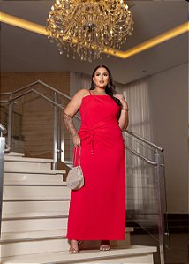 Vestido Longo Alfaiataria Vermelho Estampada Quality Moda Plus Size Milliossi Verão