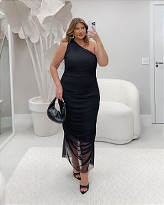 Vestido Midi Drapeado Tule Nula Manga Preto Quality Moda Plus Size Duas Primavera