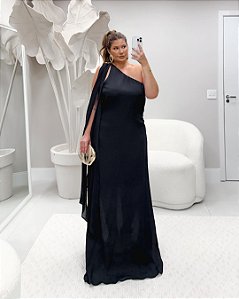 Vestido Longo Ombro Único Preto Quality Moda Plus Size Duas Primavera