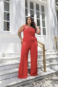 Macacão Pespontado Vermelho Quality Moda Plus Size Divas Verão loja