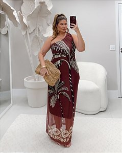 Vestido Ombro Único Tule Marrom Quality Moda Plus Size Duas Verão loja